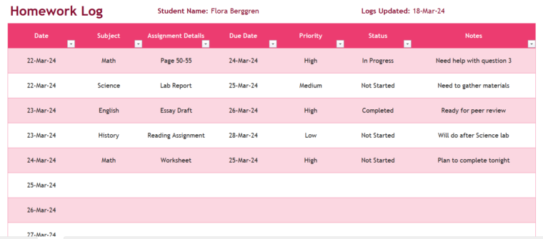 Homework logs Excel Templates for Students