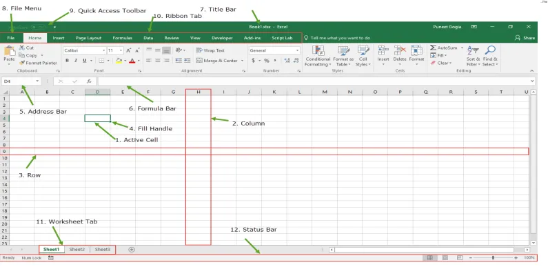 Introduction to the Excel interface, including the ribbon, worksheet tabs, and cells