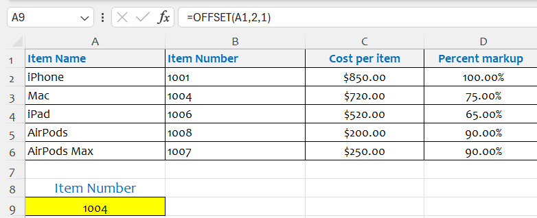 Excel advanced functions Offset