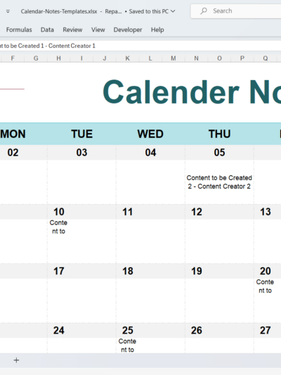 Simple Calendar Notes - Excel Templates